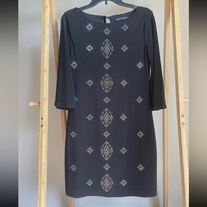 White House Black Market Small Beaded Sequin Black Jersey Dress 3/4 Sleeve Sz S